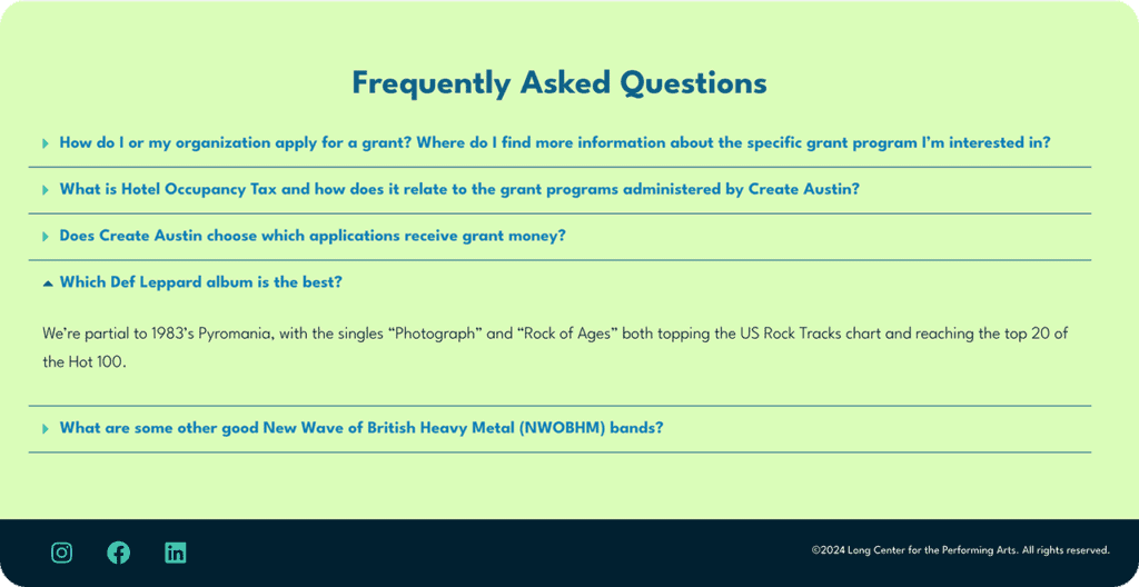 The Frequently Asked Questions section of the Create Austin website