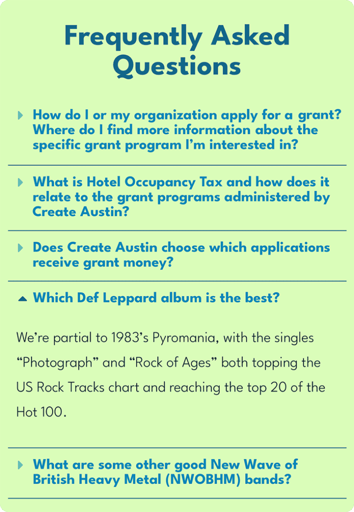 The Frequently Asked Questions section of the Create Austin website